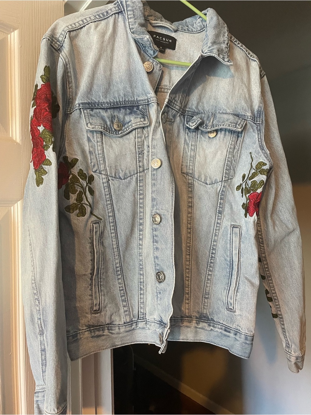 PacSun Light Blue Denim Jacket with Red Rose Embroidery